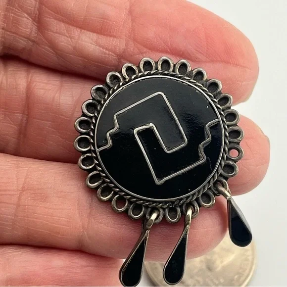 Taxco Silver 925 Black Onyx Mosaic Circle Pin Pendant Neckless Dangling 1.5